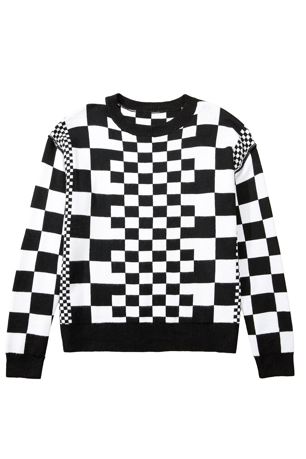 Black Checkered Drop Shoulder Round Neck Sweater