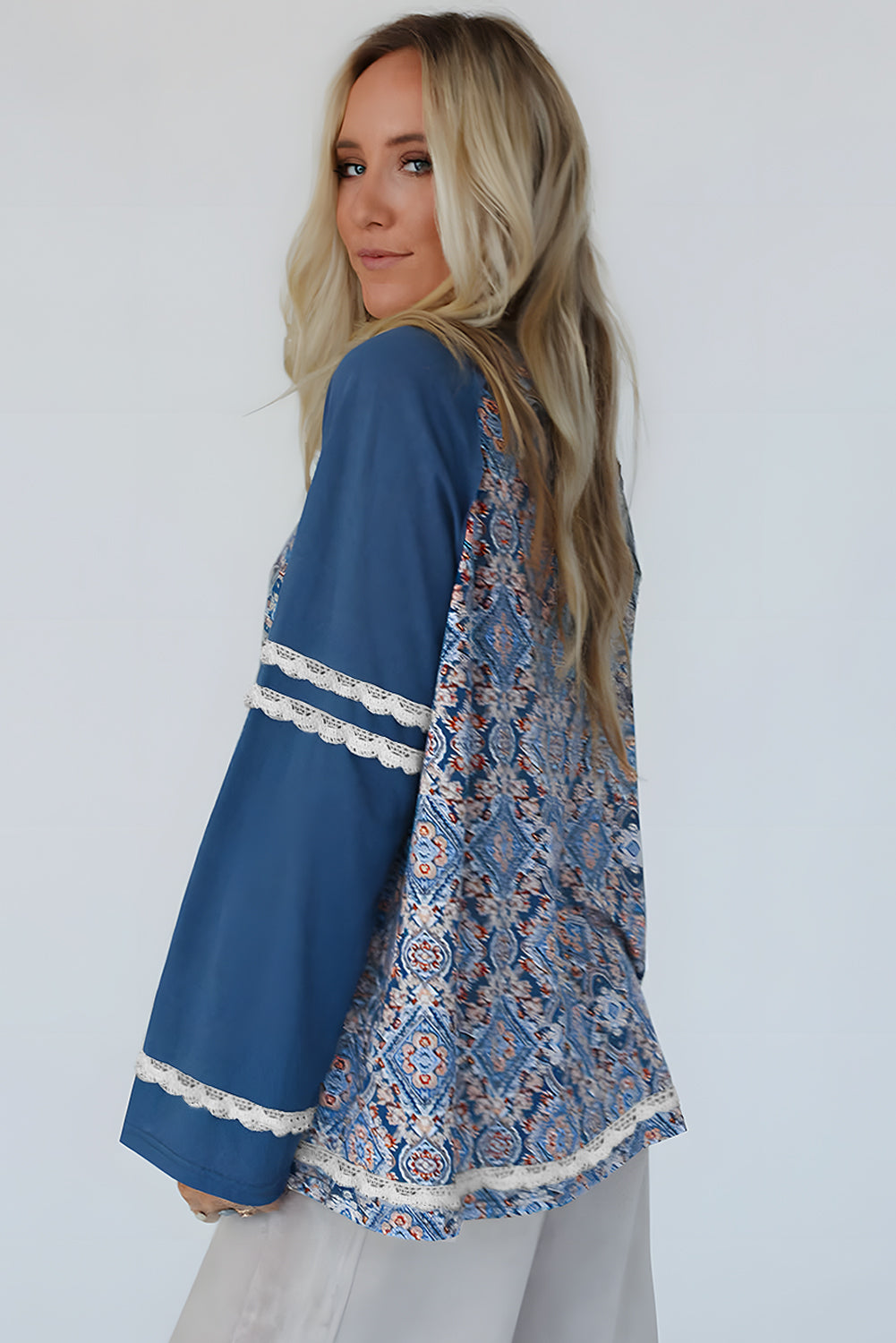 Blue Boho Geometric Print Lace Ricrac Raglan Sleeve Blouse