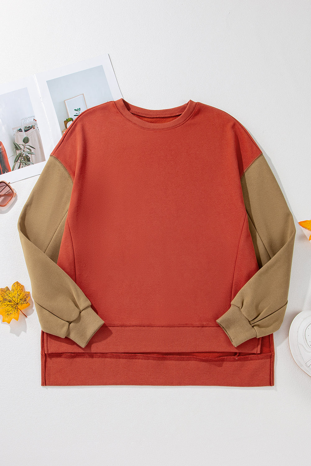 Mineral Red Two Tone Patchwork Drop Shoulder Pullover Sweatshirt