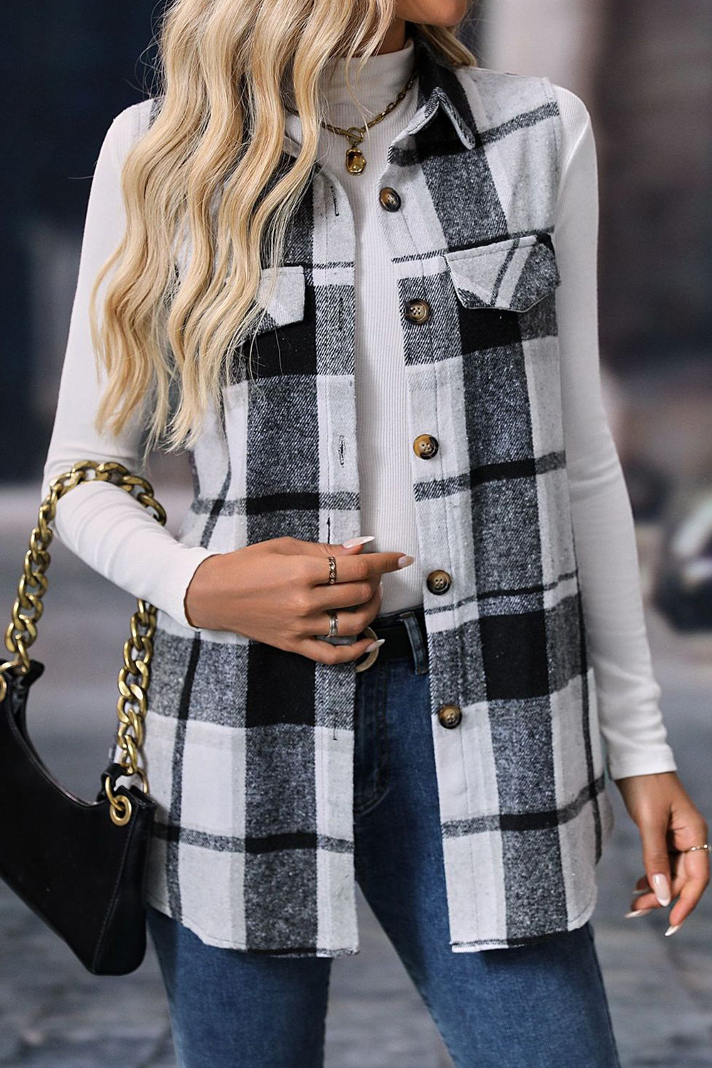 Light Grey Button Up Plaid Sleeveless Vest Jacket