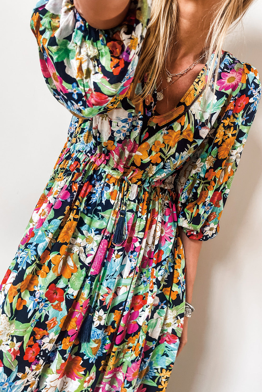 Green Boho Floral Puff Sleeve V Neck Tassel Drawstring Midi Dress