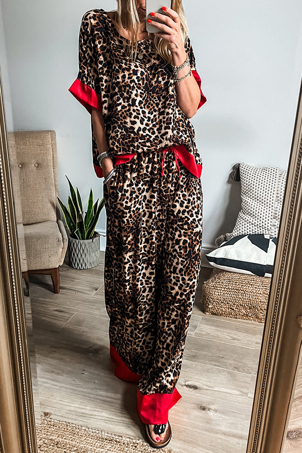 Brown Leopard Print Colorblock Edge Loose Fit Pants Set