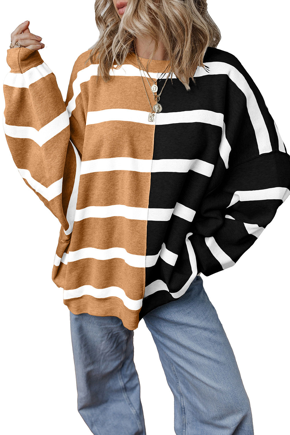 Light Beige Striped Colorblock Drop Shoulder Sweater