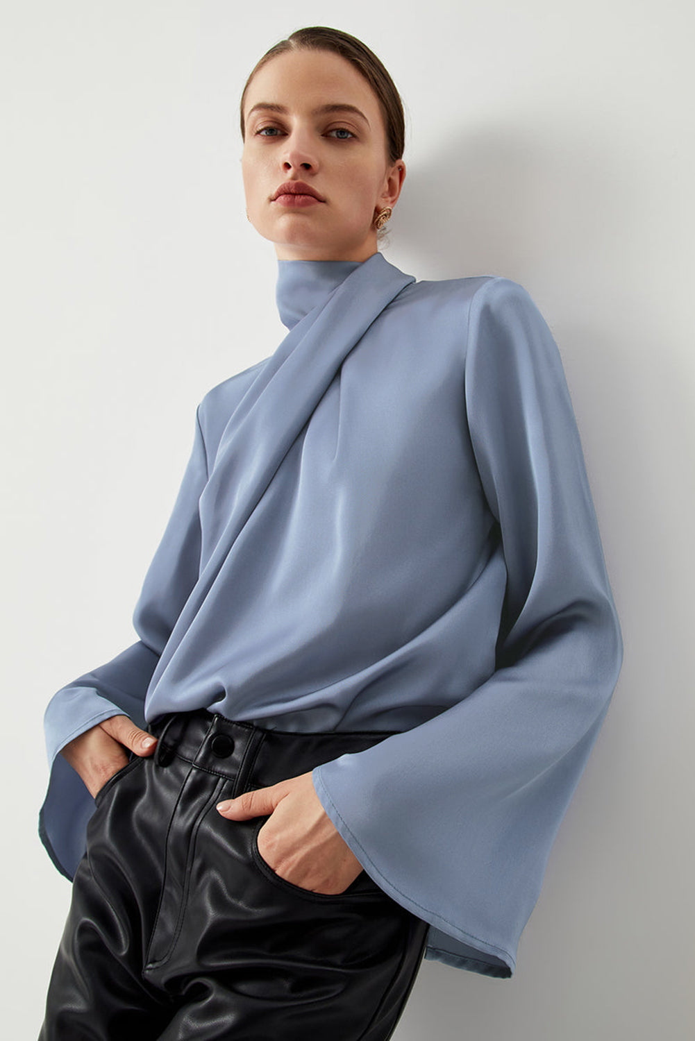 Ivy Asymmetric Turtleneck Elegant Satin Blouse