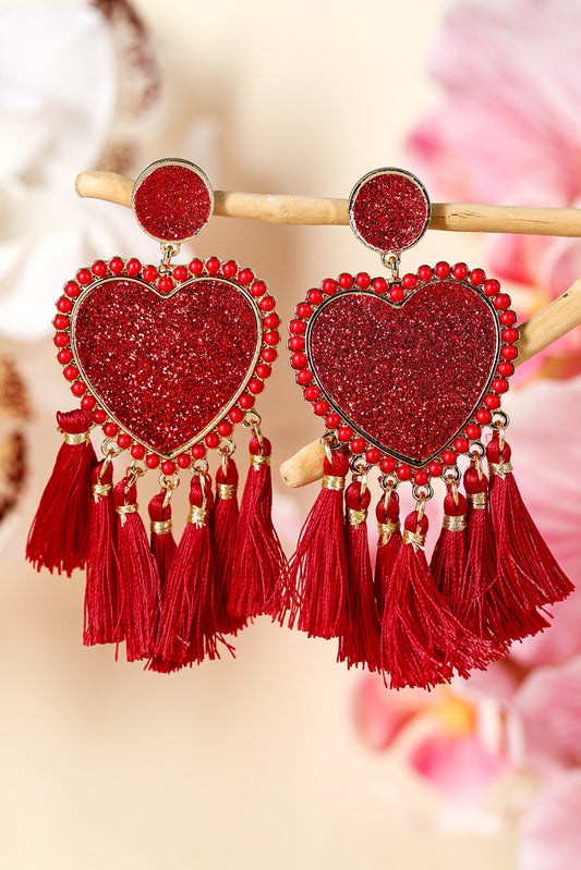 Racing Red Glitter Heart Tassel Valentines Earrings