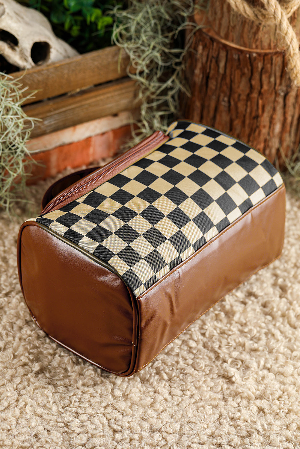 Black Checker Print Leather Zipper Makeup Bag