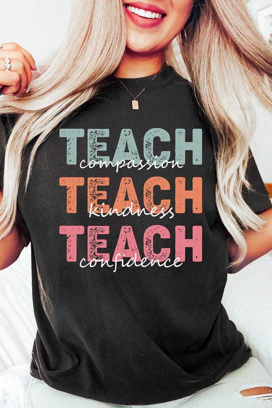 Black TEACH Letter Graphic Crewneck T Shirt