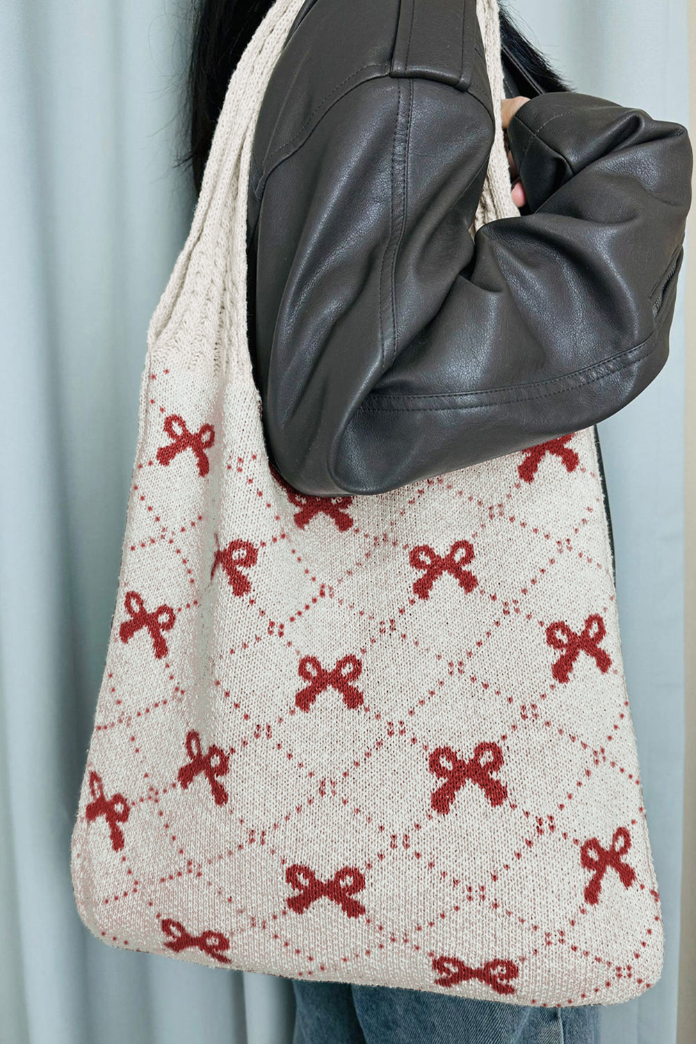 Fiery Red Bow Argyle Pattern Cable Knit Tote Bag