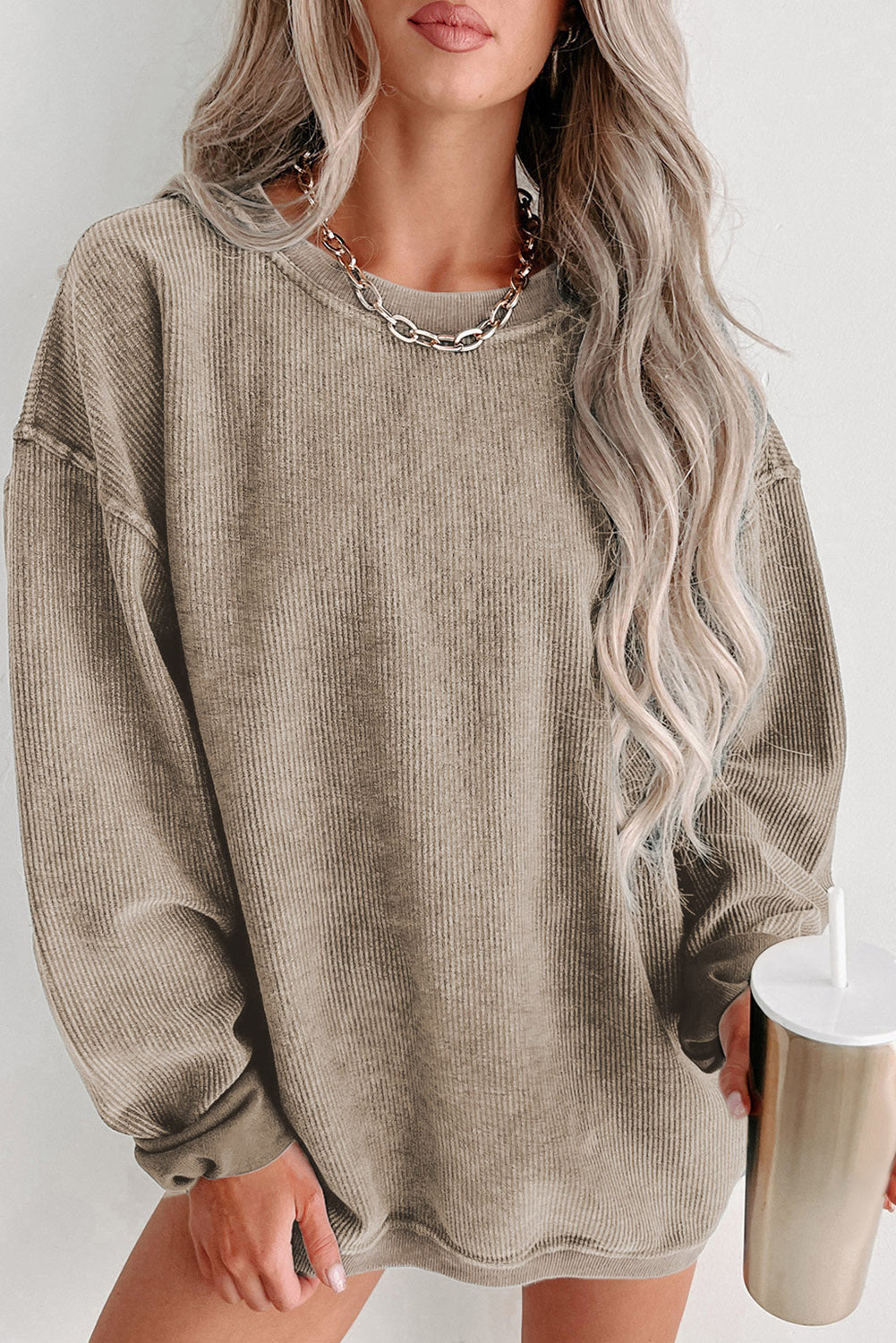 Green Ribbed Round Neck Drop Sleeve Pullover Sweatshirt