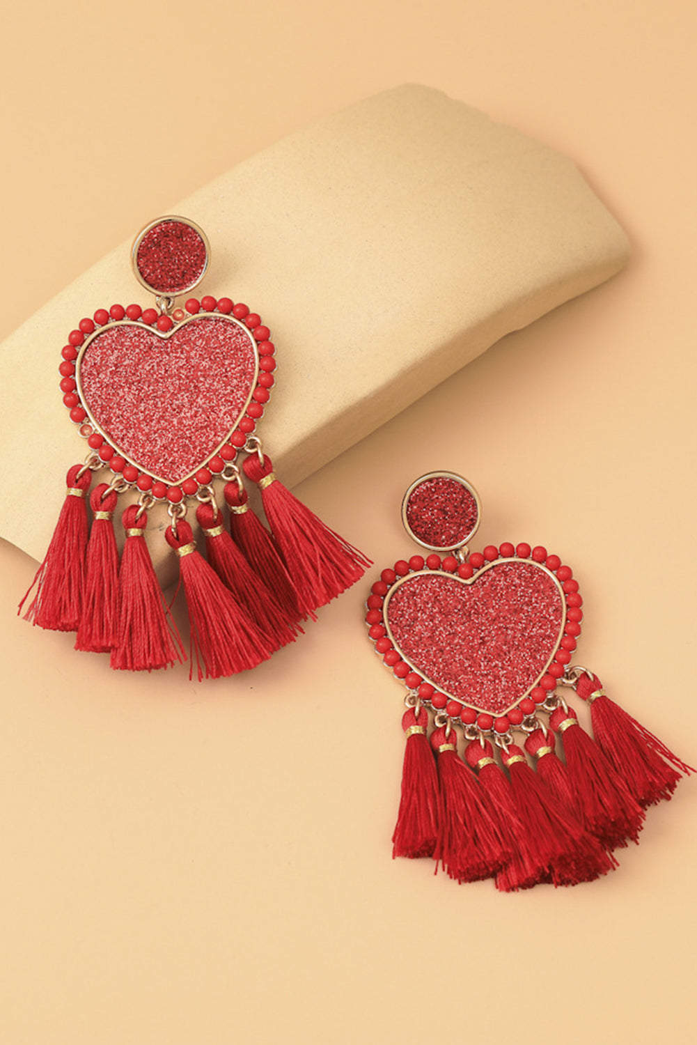 Racing Red Glitter Heart Tassel Valentines Earrings