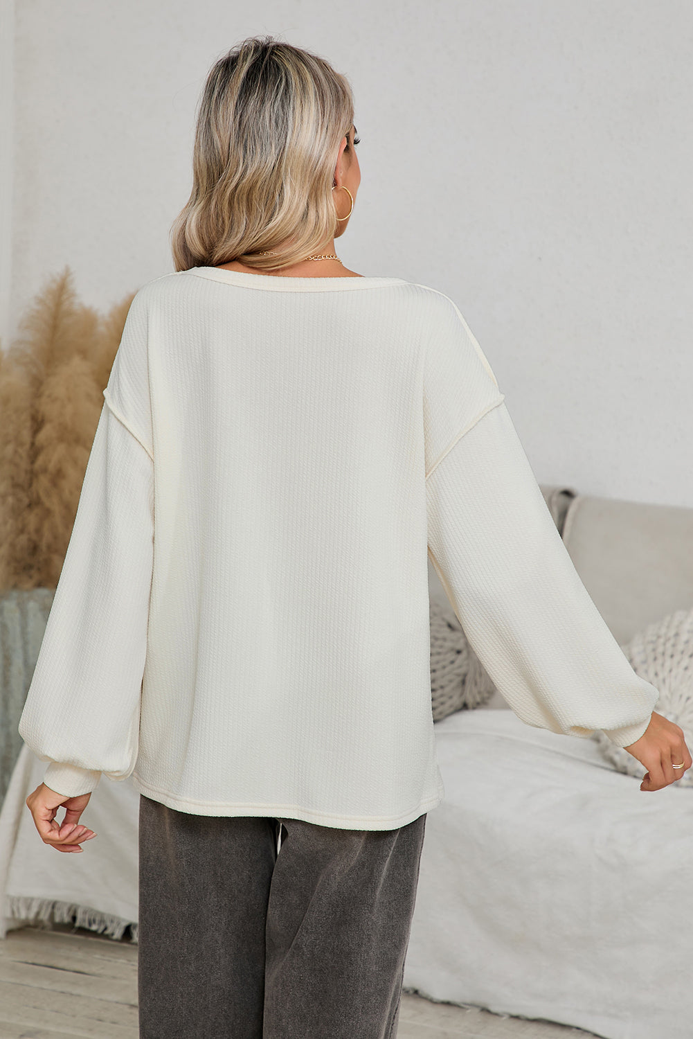 White Corded Exposed Seam Patchwork Drop Sleeve Top