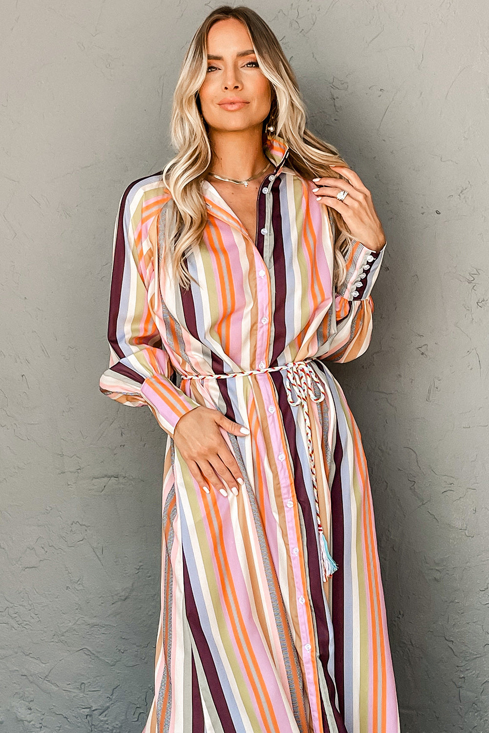 White Colorful Striped Cuffed Sleeve Tassel Tie Maxi Dress