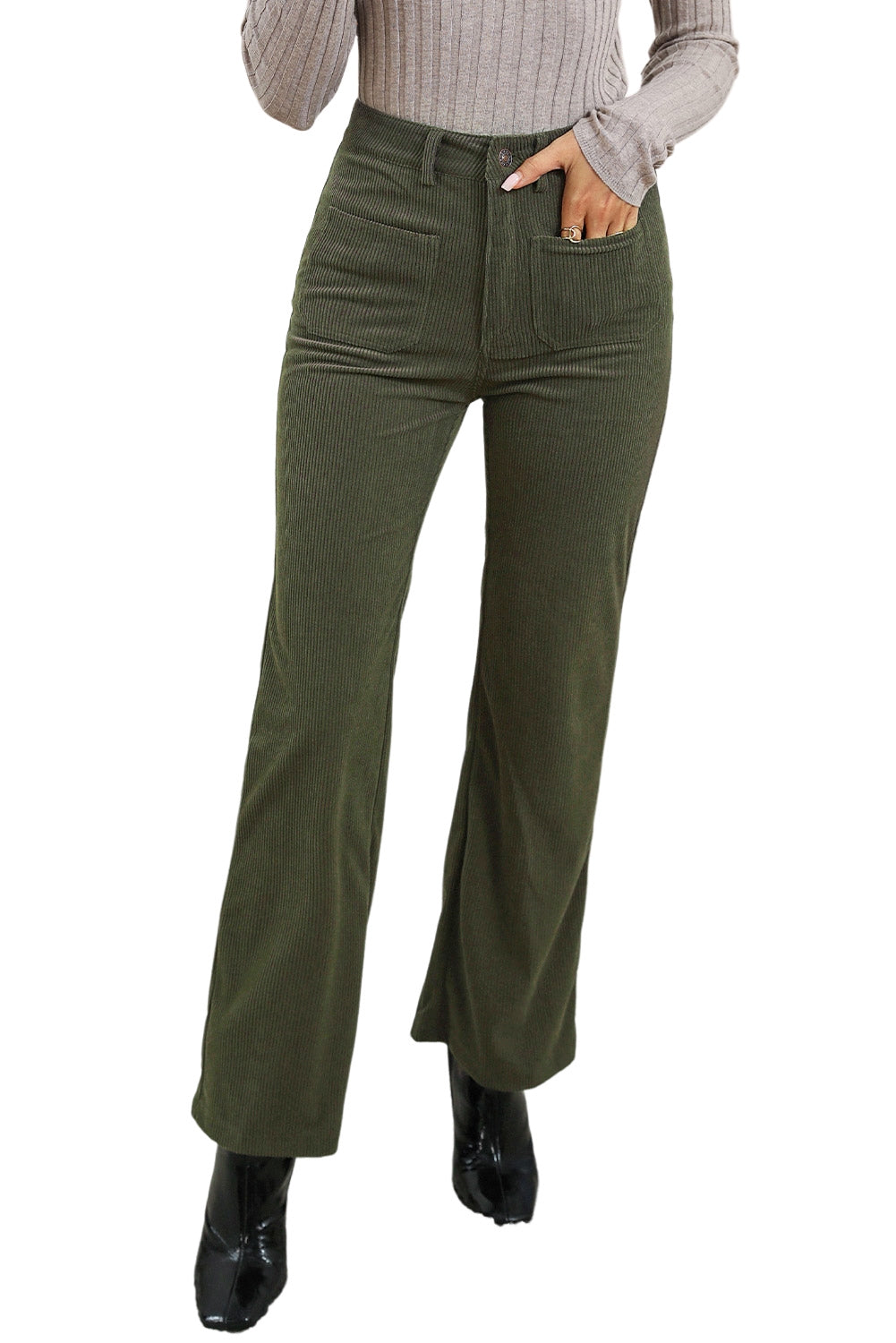 Green High Waist Pockets Corduroy Flare Leg Pants