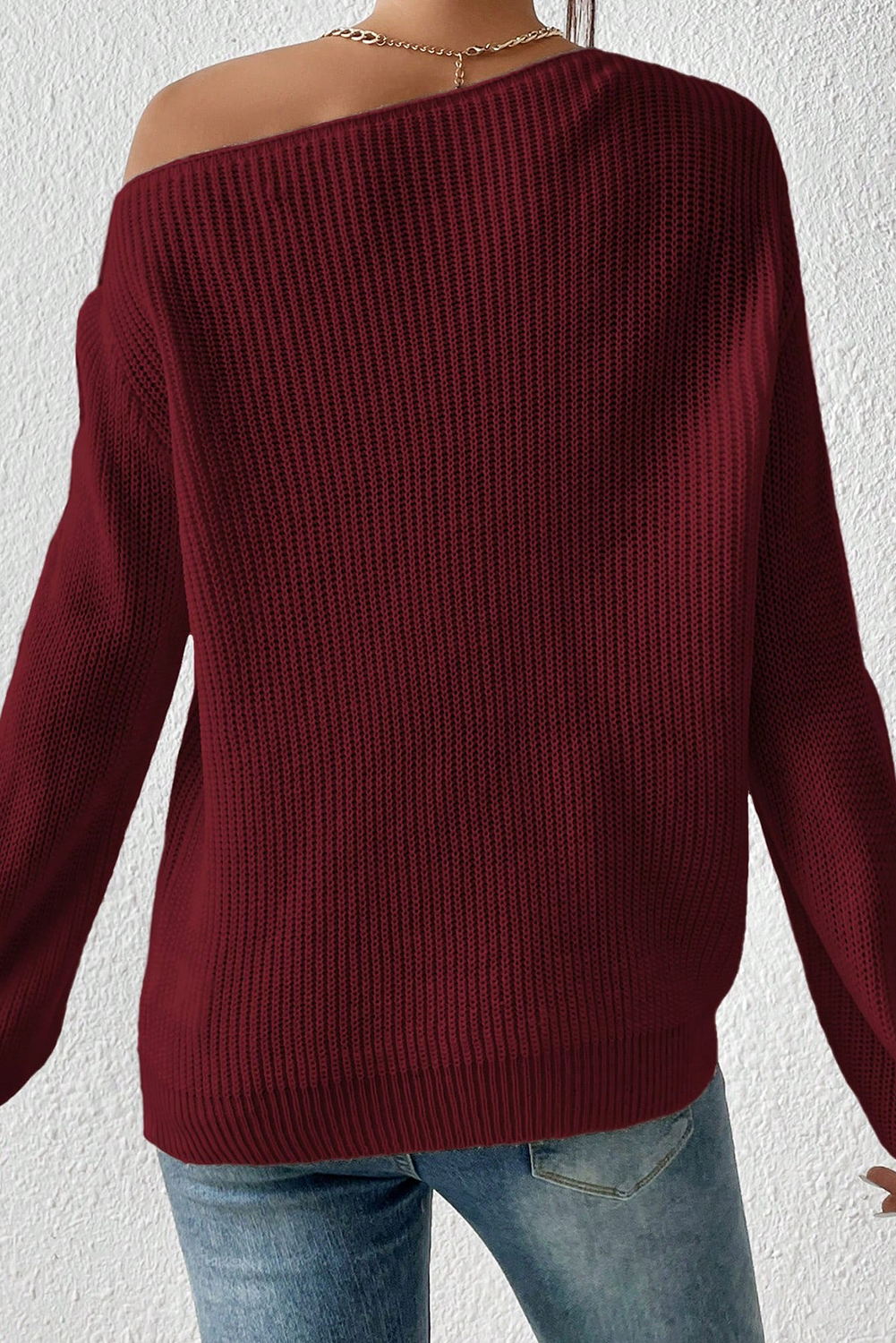 Burgundy Solid Color Of Shoulder Long Sleeve Sweater