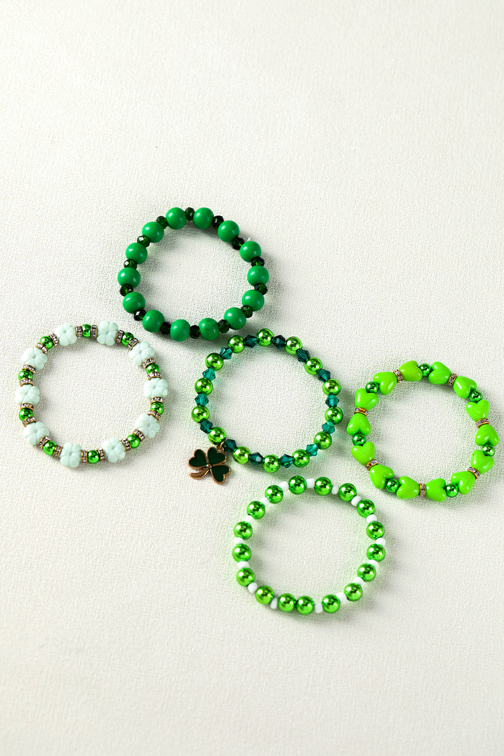 Green St Patricks Day 5pcs Clover Pendant Beaded Bracelet Set