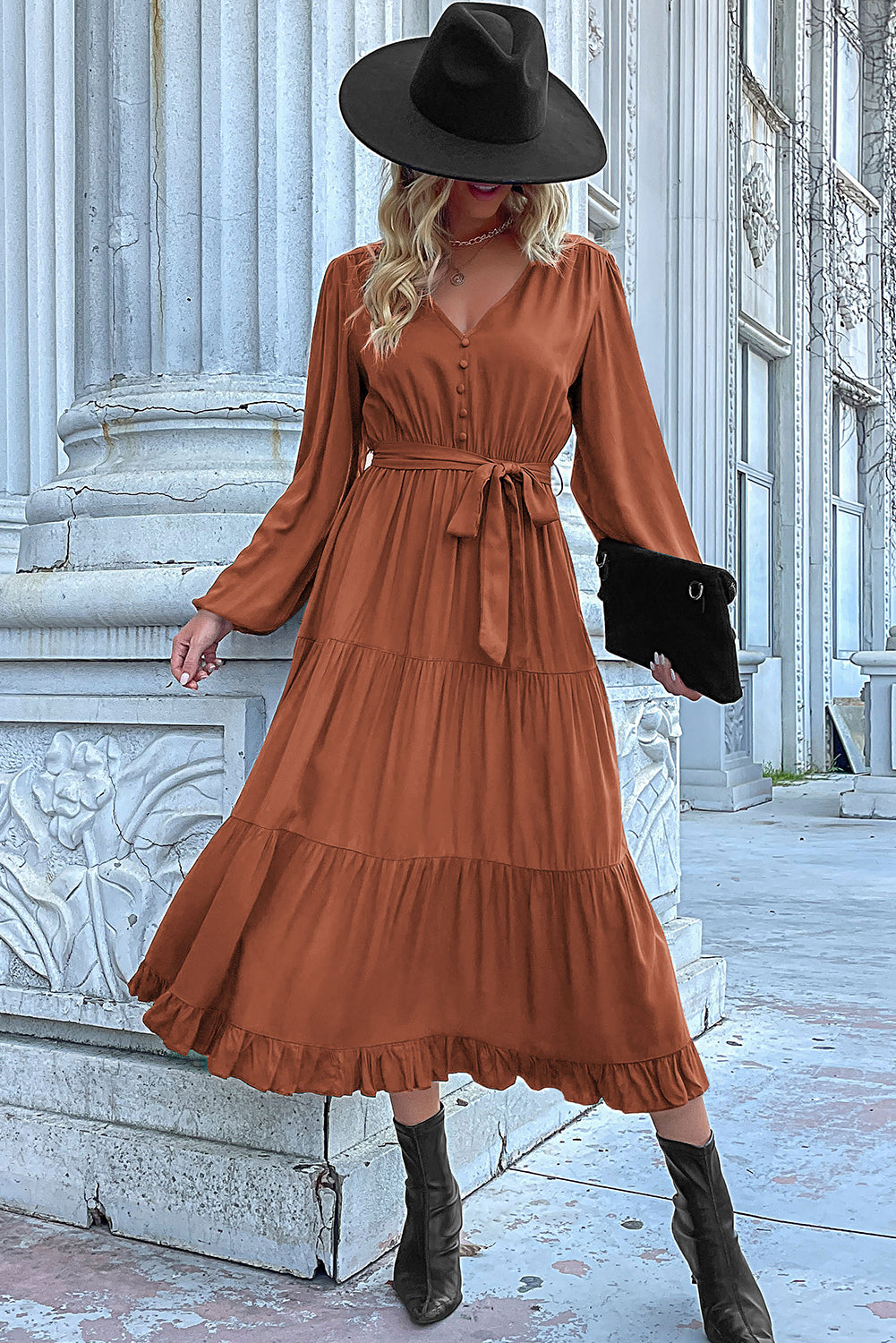 Cinnamon knot Lantern Sleeve Ruffled Hem Pleated Dress