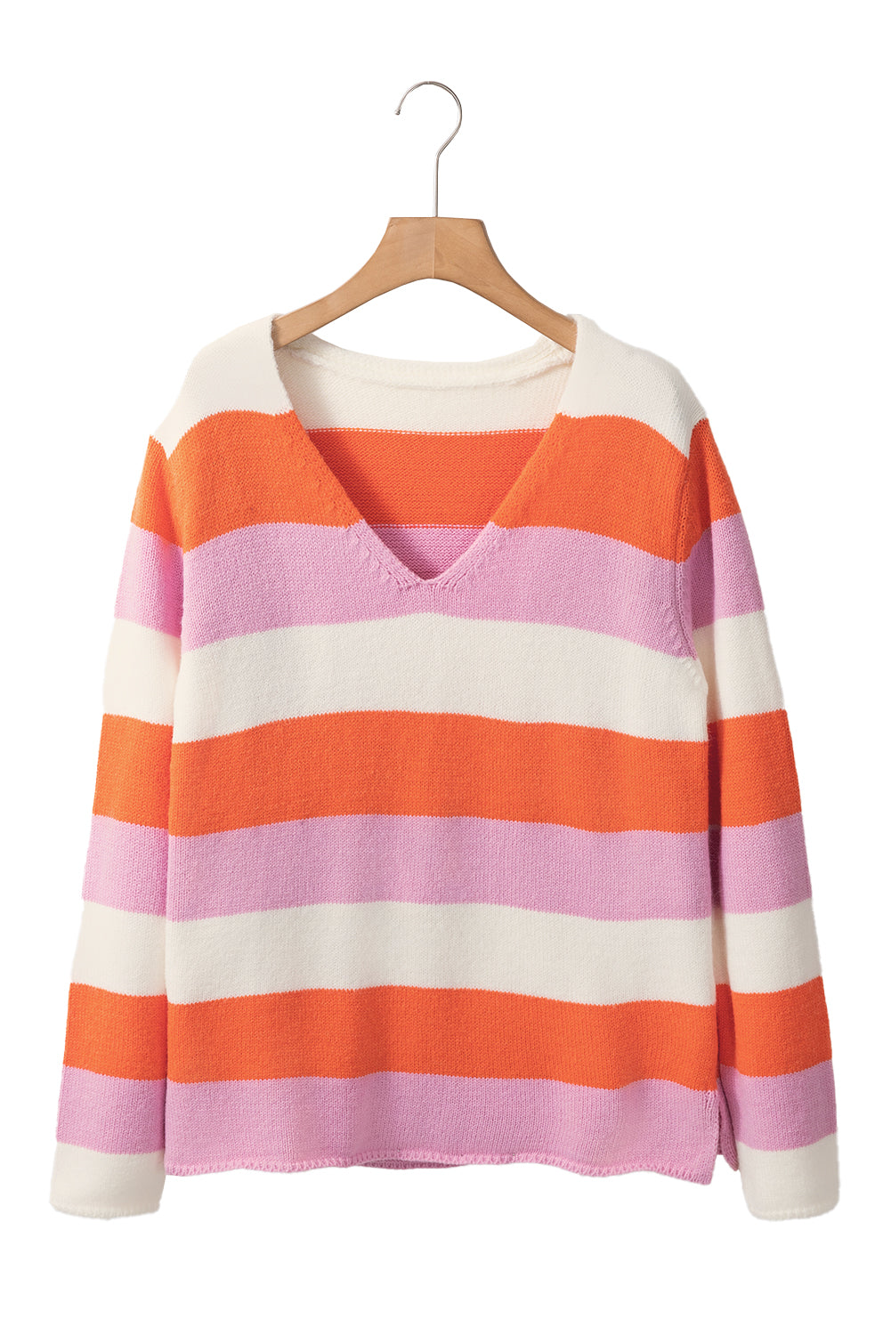 Orange Casual Stripe V Neck Side Slit Sweater