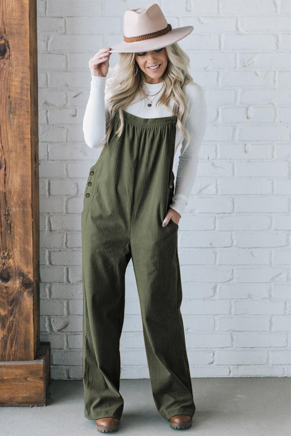 Jungle Green Plain Pocketed Loose Fit Corduroy Overalls