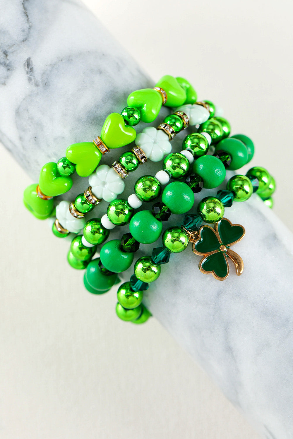 Green St Patricks Day 5pcs Clover Pendant Beaded Bracelet Set