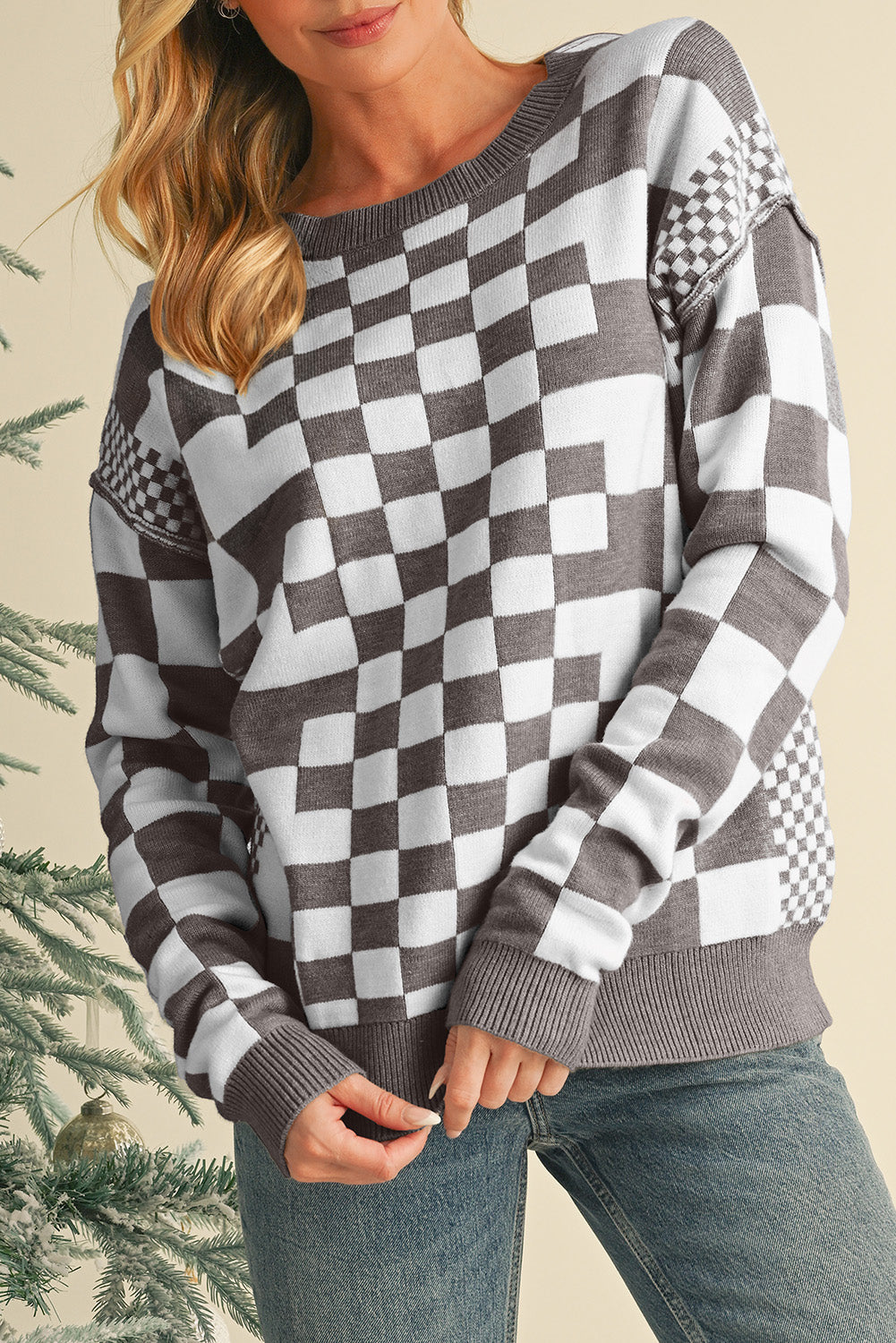 Black Checkered Drop Shoulder Round Neck Sweater