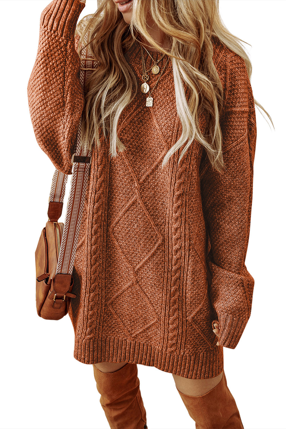 Parchment Twist Cable Knit Drop Shoulder Loose Fit Sweater Dress