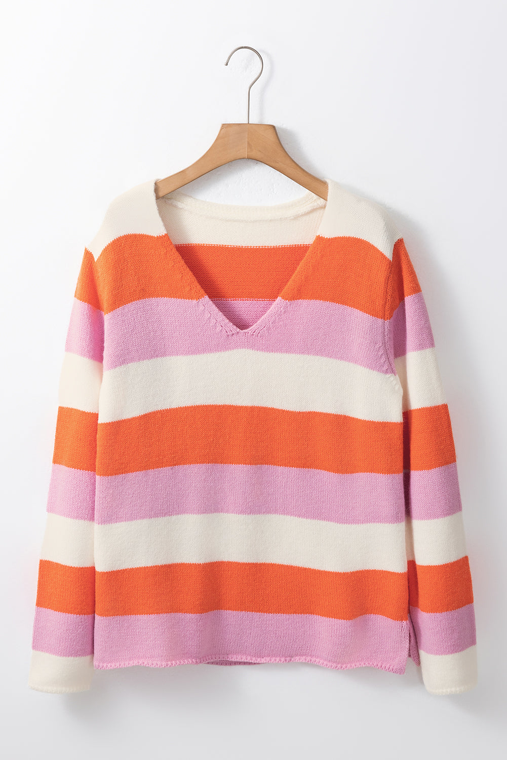 Orange Casual Stripe V Neck Side Slit Sweater