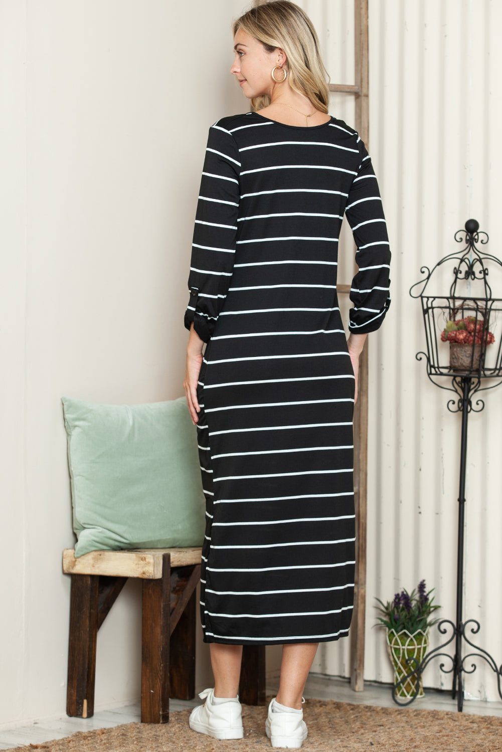 Black Striped Casual Slit High Waist Midi Dress