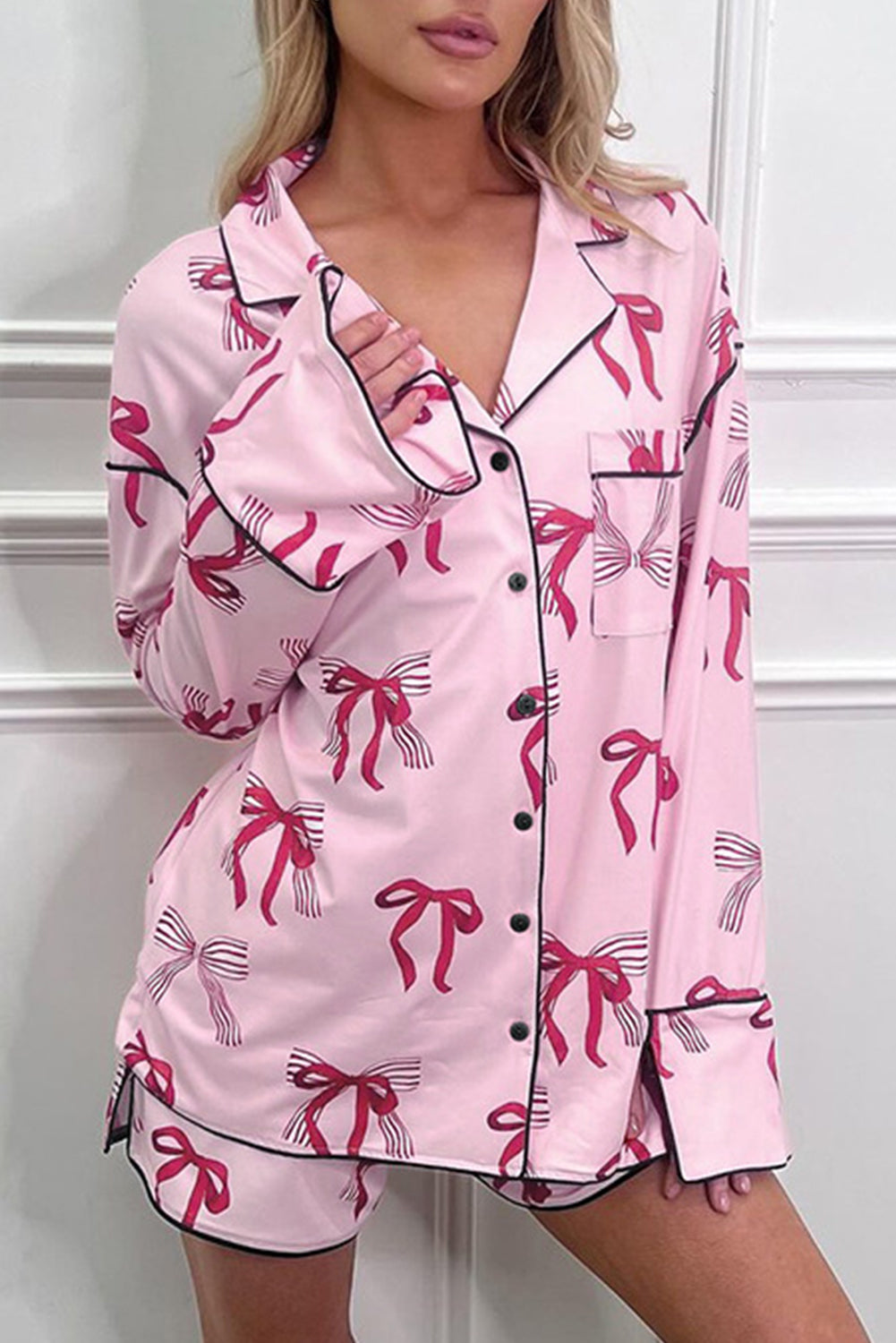 Pink Bowknot Print Long Sleeve Two Piece Pajama Set