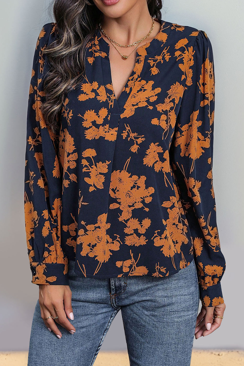 Navy Blue Floral Print Long Sleeve Blouse