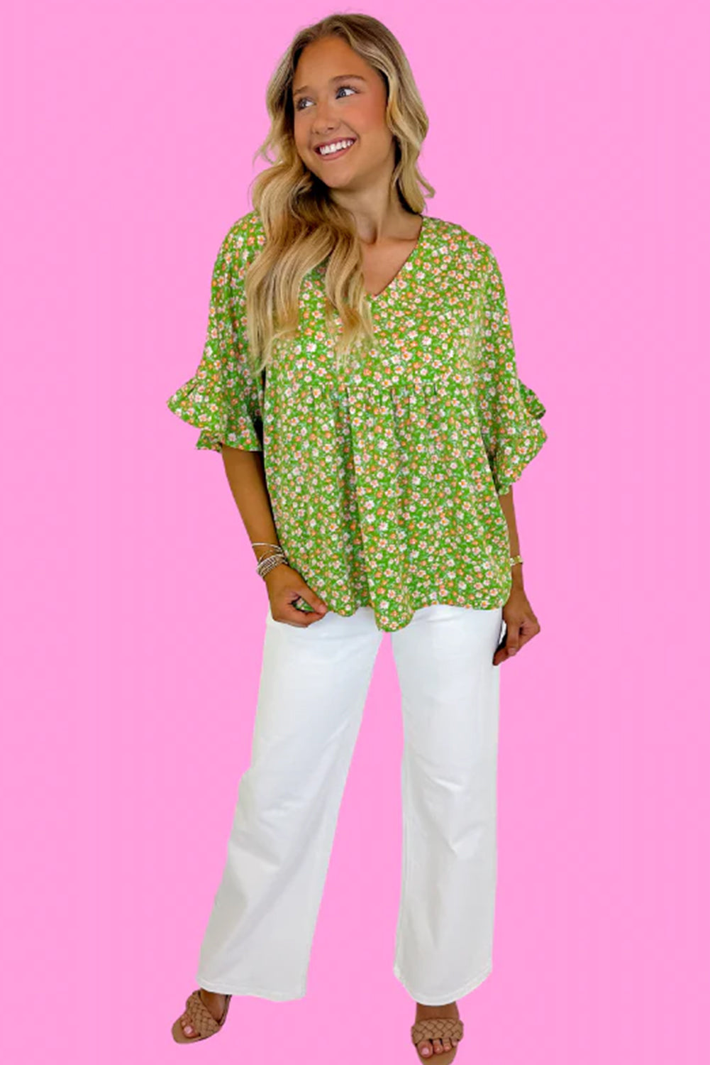 Green Floral Print Ruffle Sleeve V Neck Pleated Blouse