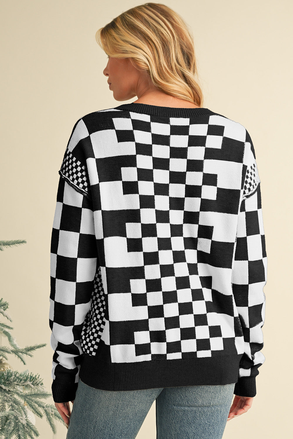 Black Checkered Drop Shoulder Round Neck Sweater