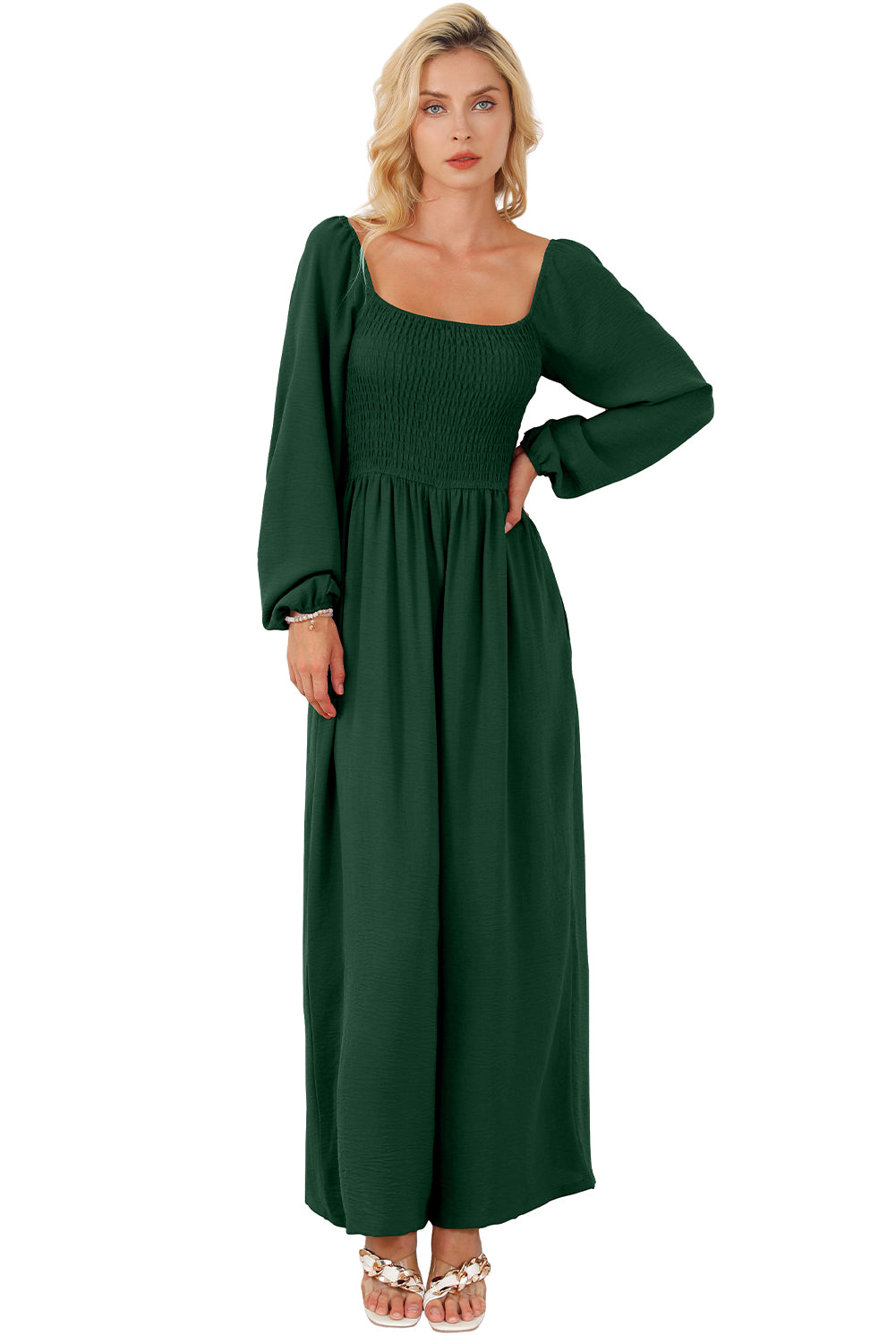 Green Smocked Square Neck Long Sleeve Wide Leg Jumpsuit