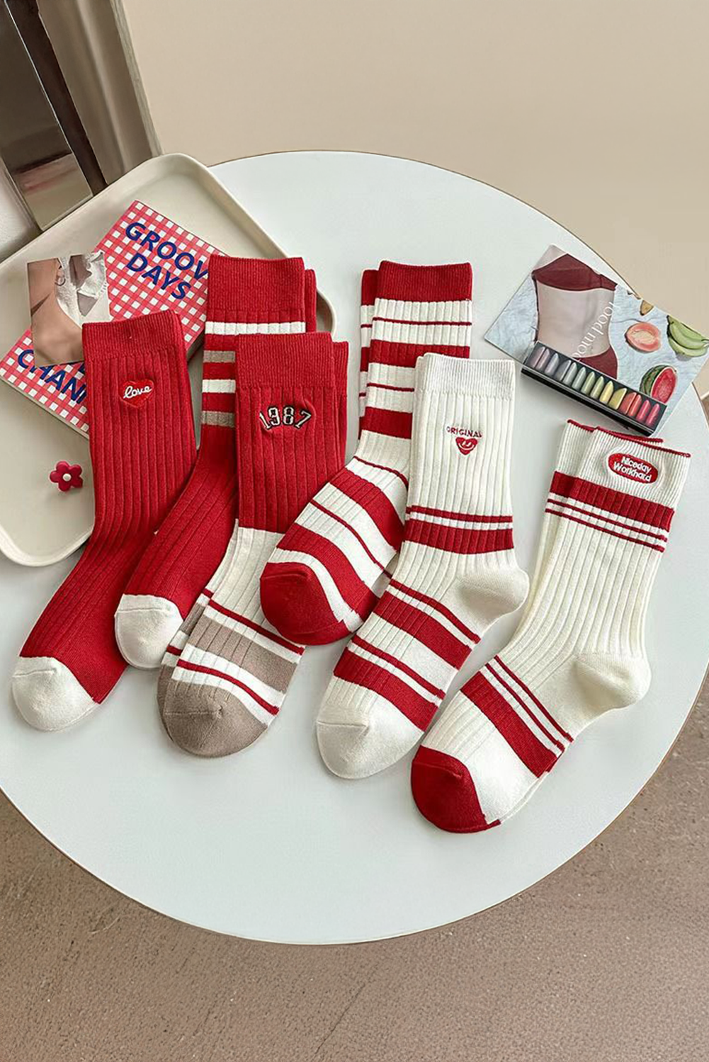 Racing Red Love Print Crew Socks