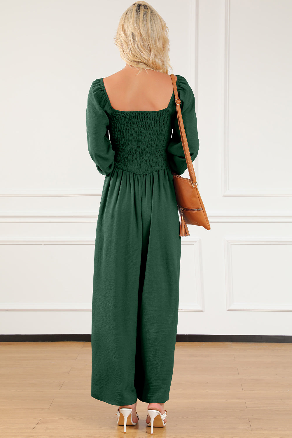 Green Smocked Square Neck Long Sleeve Wide Leg Jumpsuit