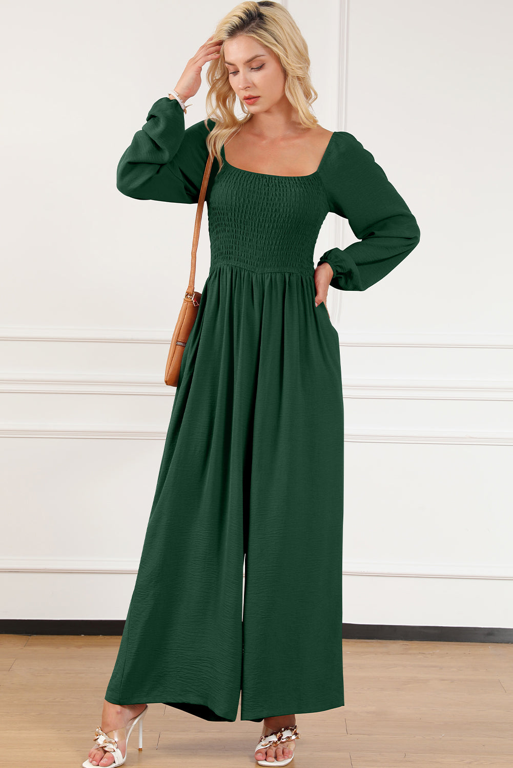 Green Smocked Square Neck Long Sleeve Wide Leg Jumpsuit