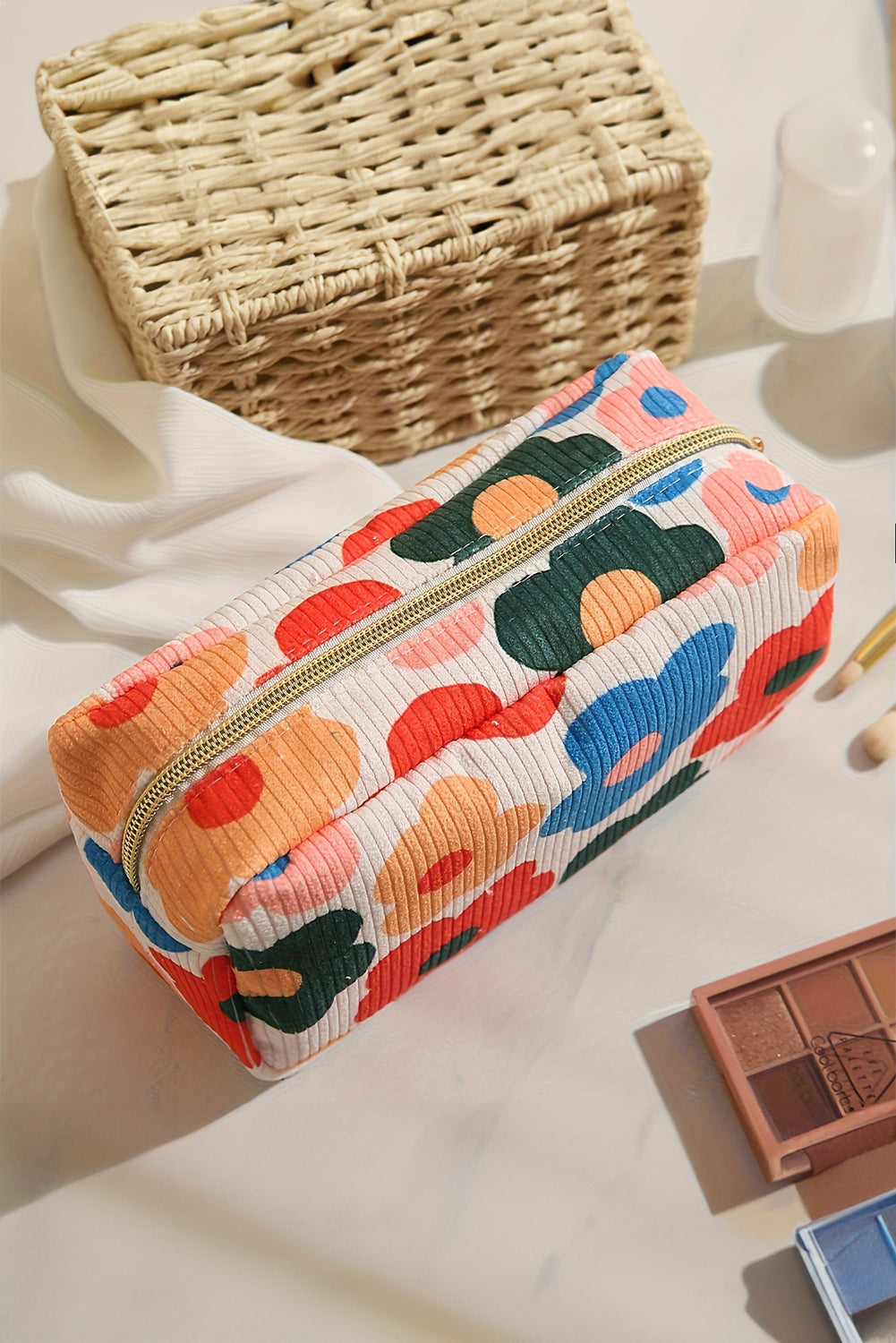 White Cute Flower Print Zipper Square Corduroy Cosmetic Bag