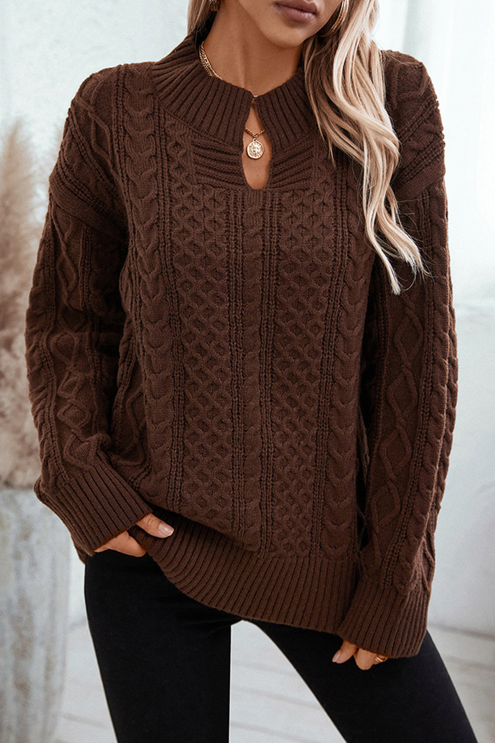 Coffee Twisted V-Neck Loose Casual Knit Sweater