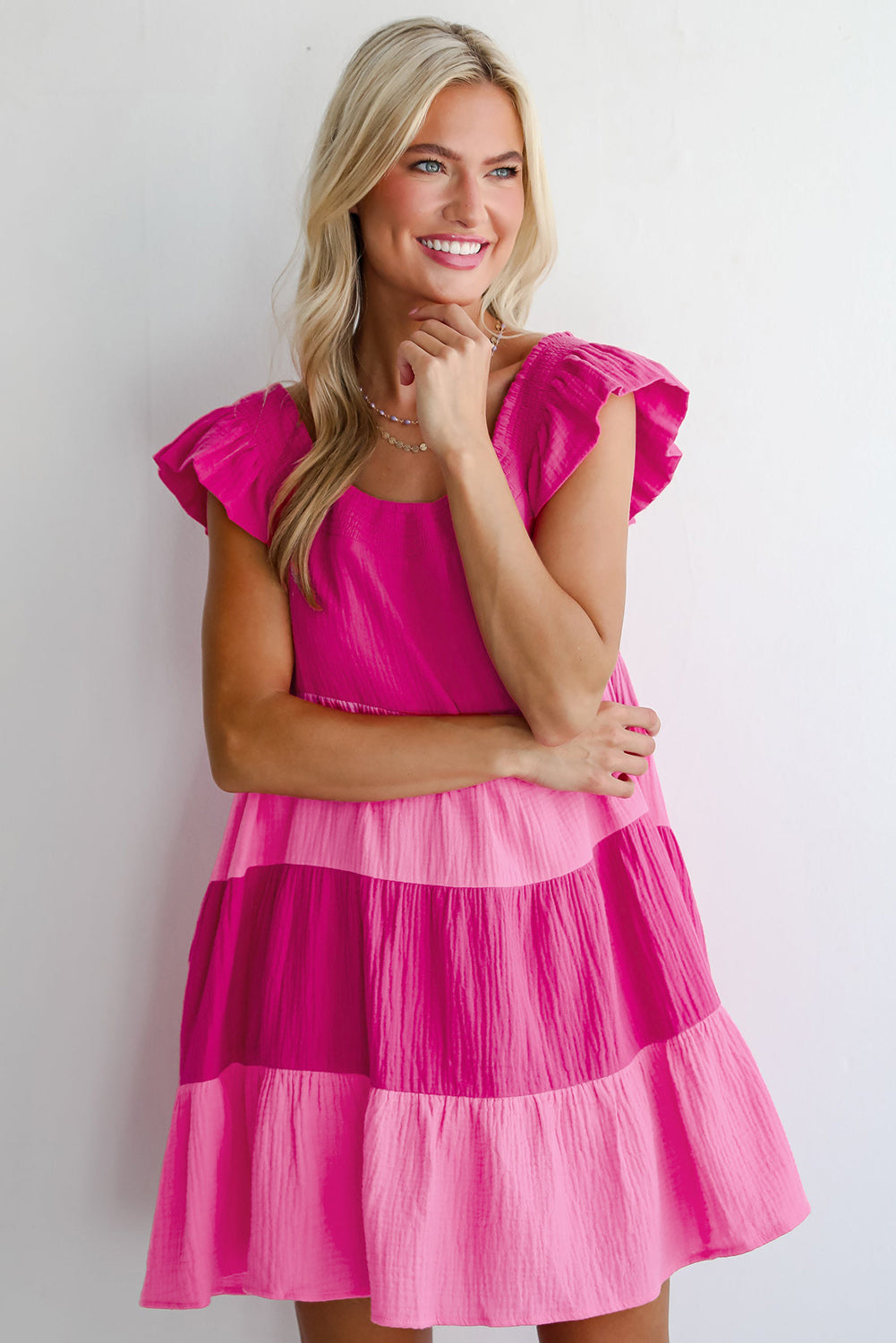 Pink Crinkled Colorblock Patchwork Tiered Mini Dress