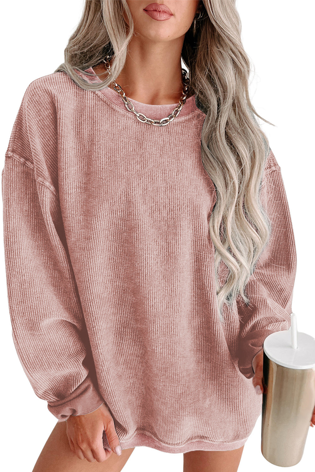 Green Ribbed Round Neck Drop Sleeve Pullover Sweatshirt