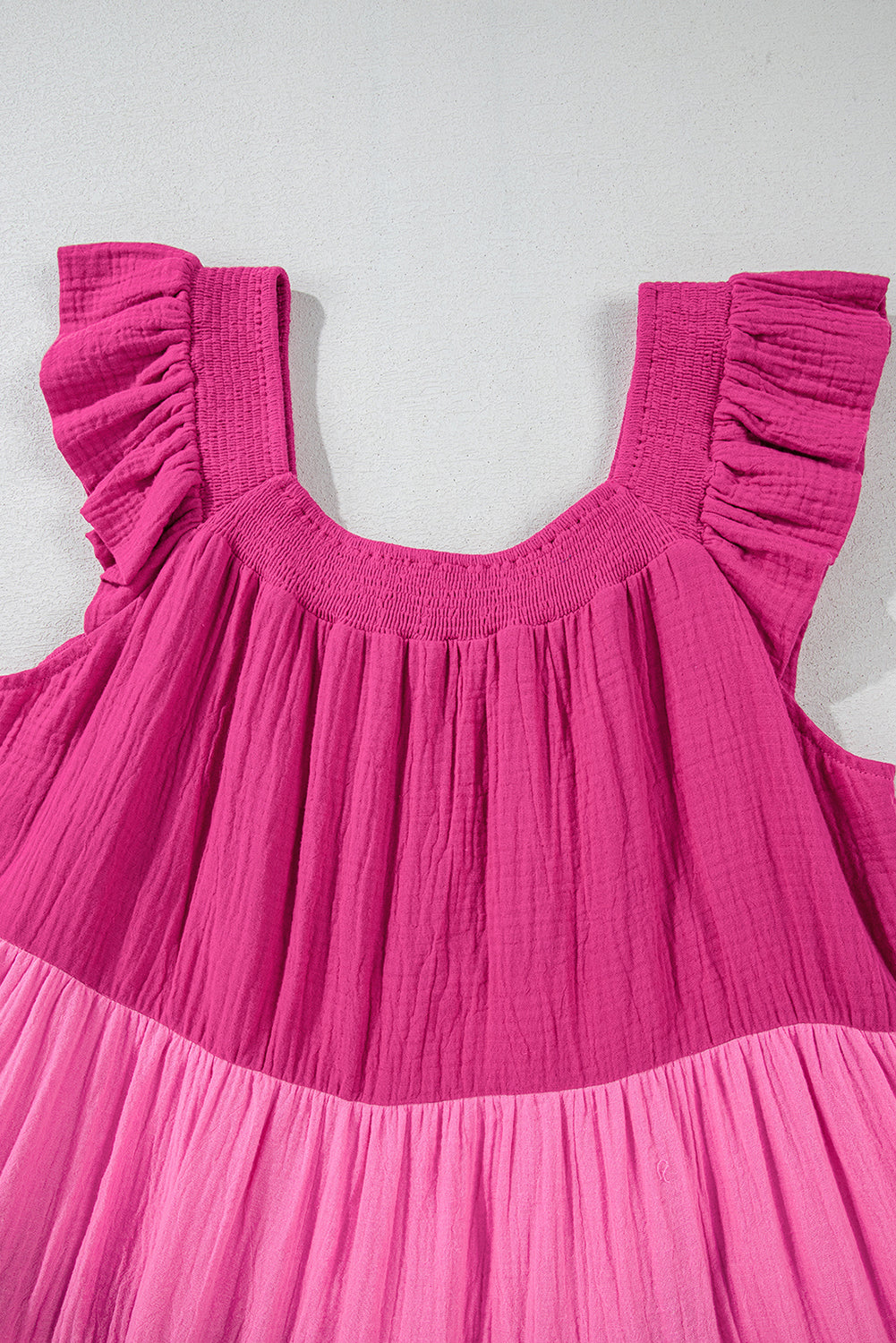 Pink Crinkled Colorblock Patchwork Tiered Mini Dress