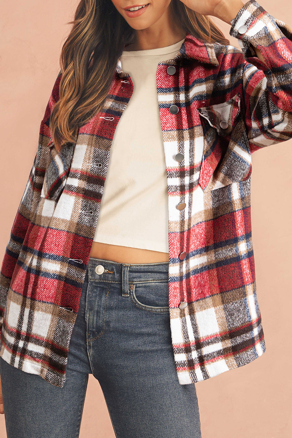 Red Plaid Button Front Pocket Shirt Shacket