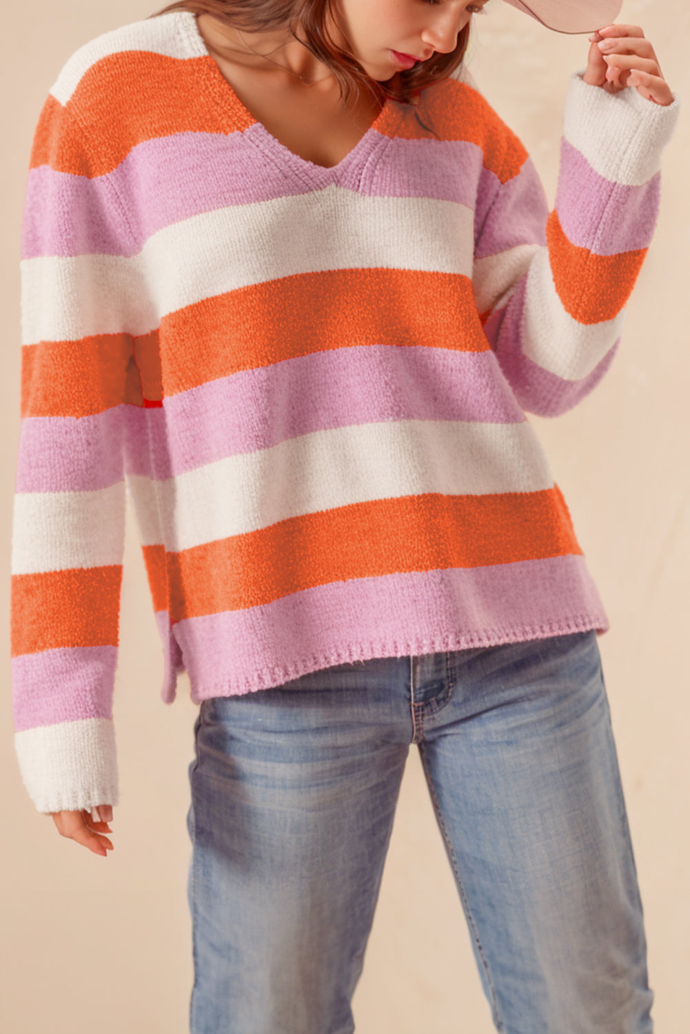 Orange Casual Stripe V Neck Side Slit Sweater