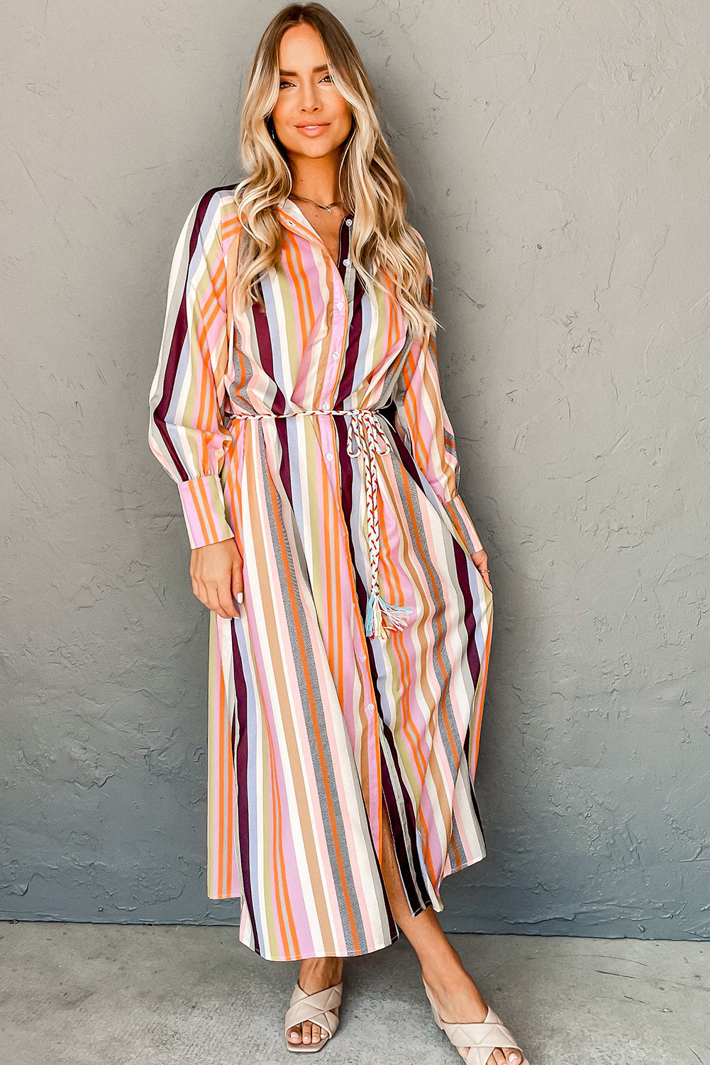 White Colorful Striped Cuffed Sleeve Tassel Tie Maxi Dress