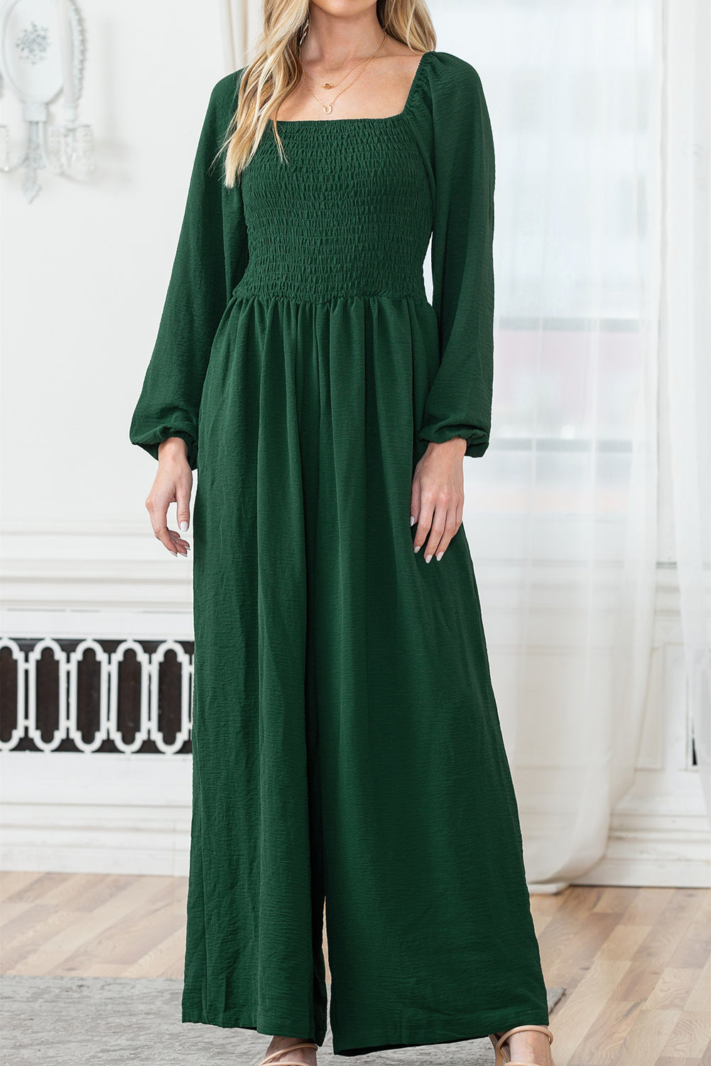 Green Smocked Square Neck Long Sleeve Wide Leg Jumpsuit