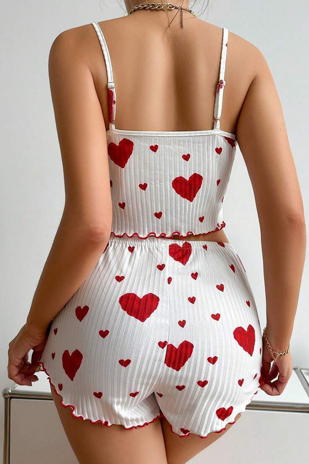 White Valentines Heart Print Spaghetti Cami and Shorts Pajama Set