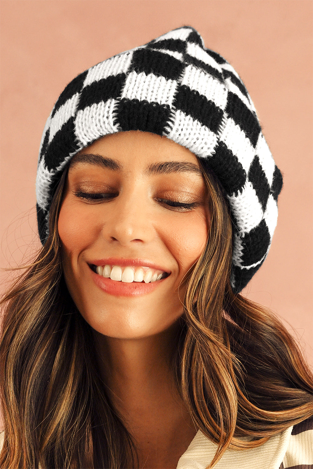 Racing Red Two Tone Checkered Folded Eaveless Beanie Cap