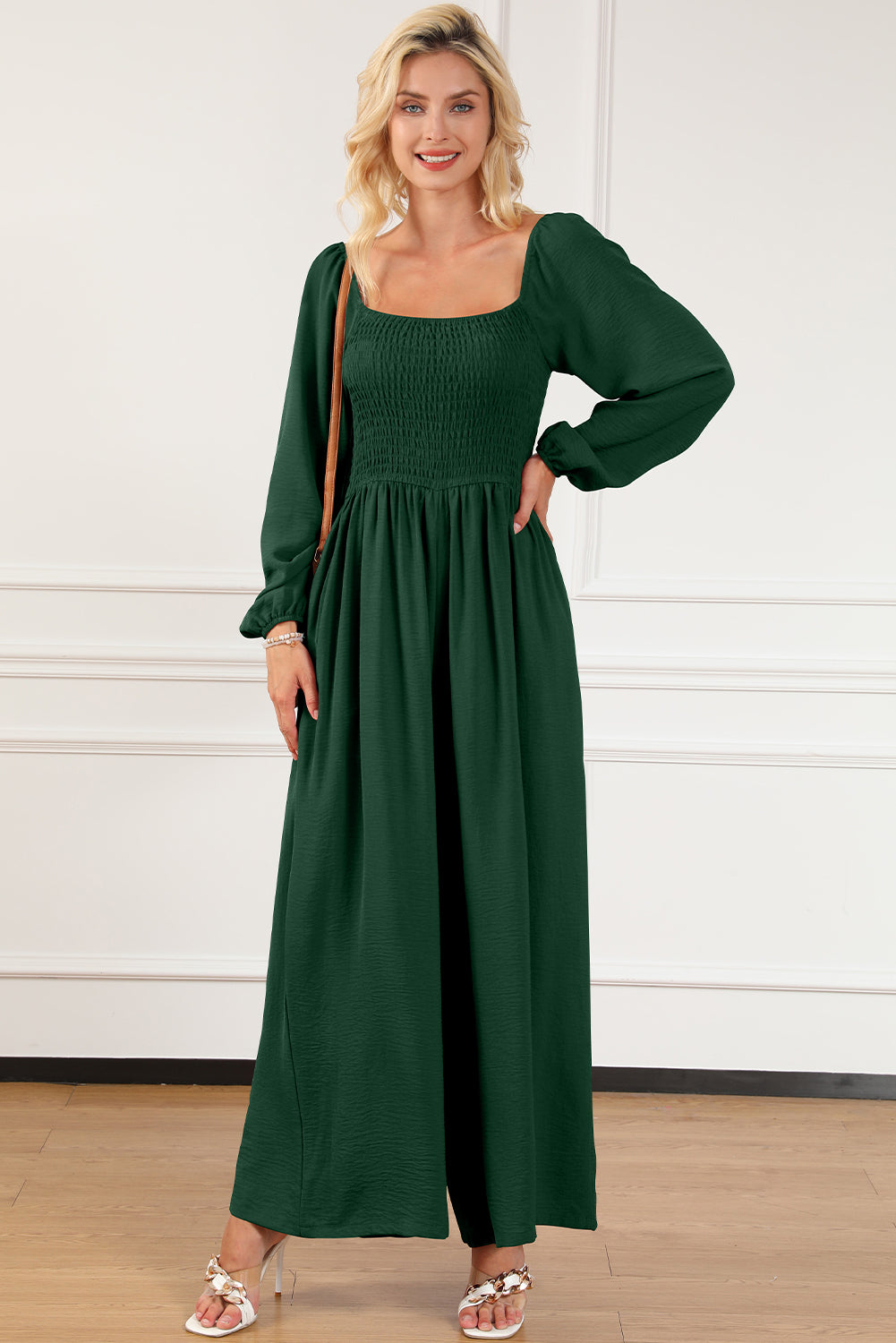 Green Smocked Square Neck Long Sleeve Wide Leg Jumpsuit