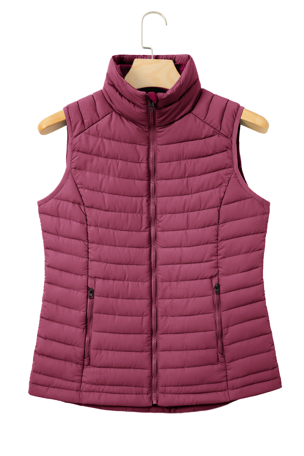 Burgundy Plush Collared Quilted Zipped Puffer Vest