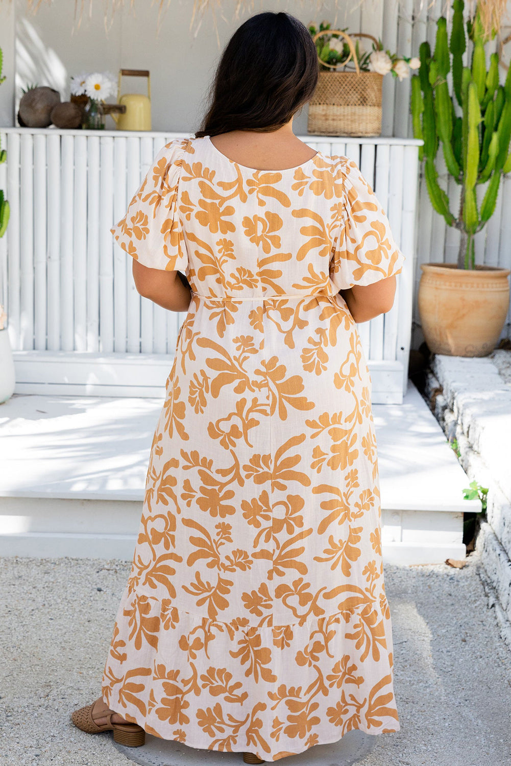 Apricot Floral Print Puff Short Sleeve Plus Size Maxi Dress