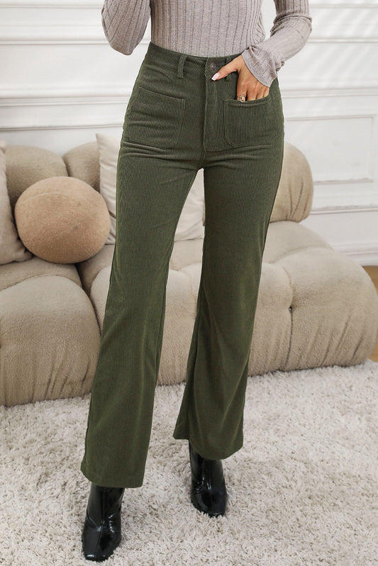 Green High Waist Pockets Corduroy Flare Leg Pants